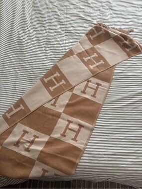 Monogram H Checker Scarf in Beige and Camel